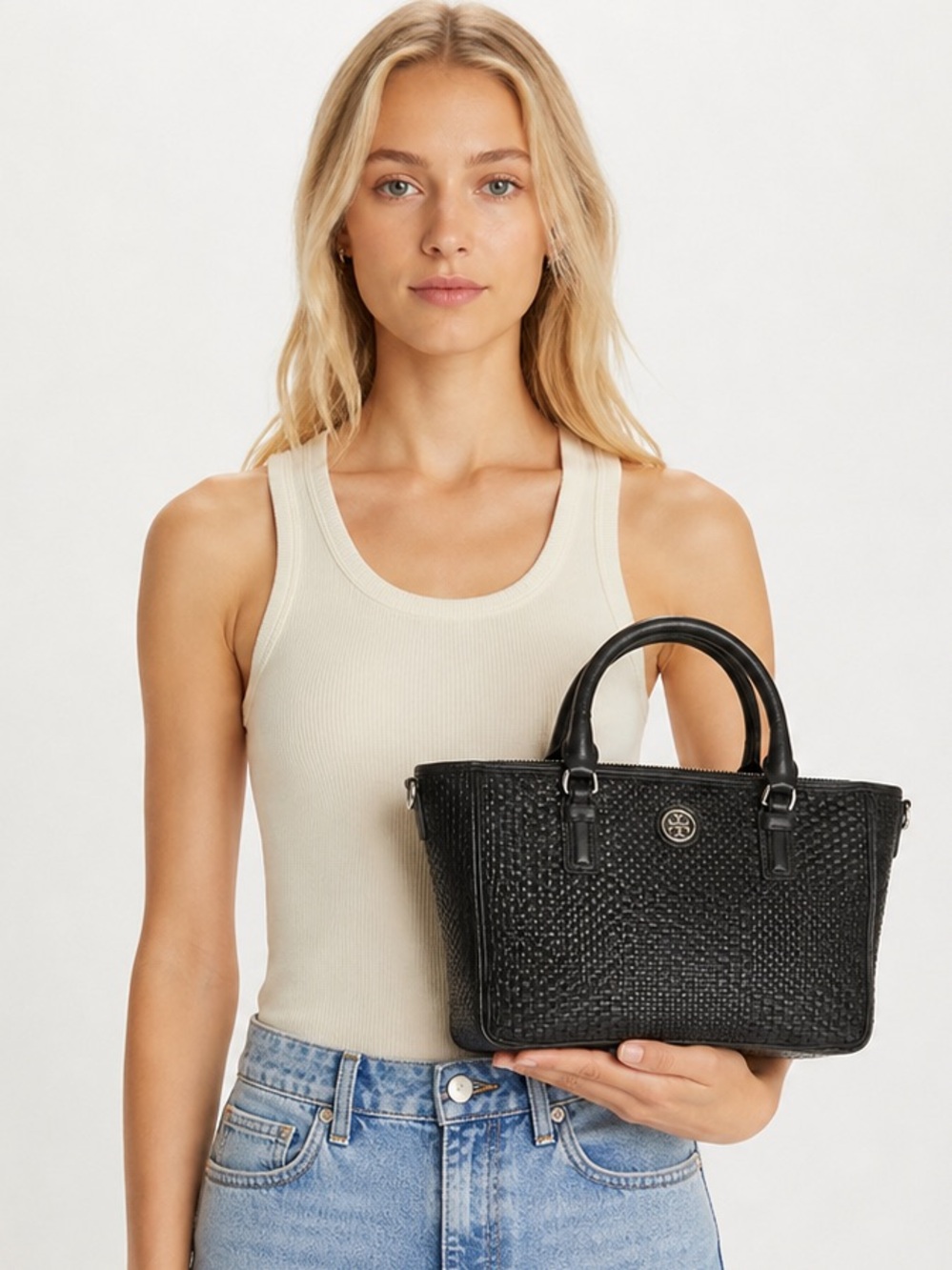 Tory Burch Robinson Black Basket Weave Leather Small Tote Satchel with Chain